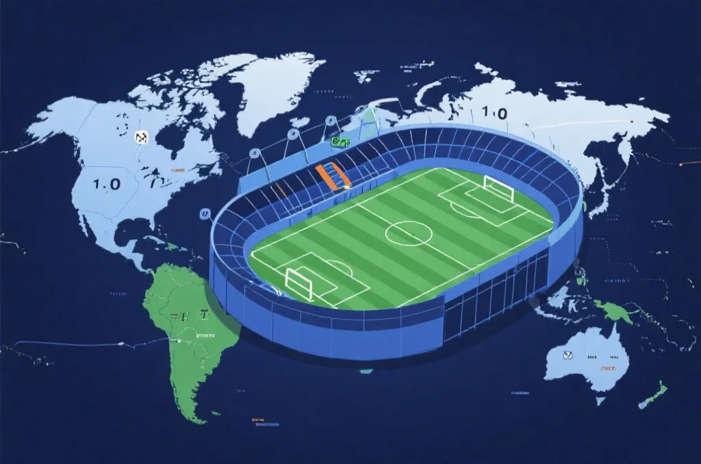 Conceptual illustration of map overlay with timezones and soccer stadium pitch