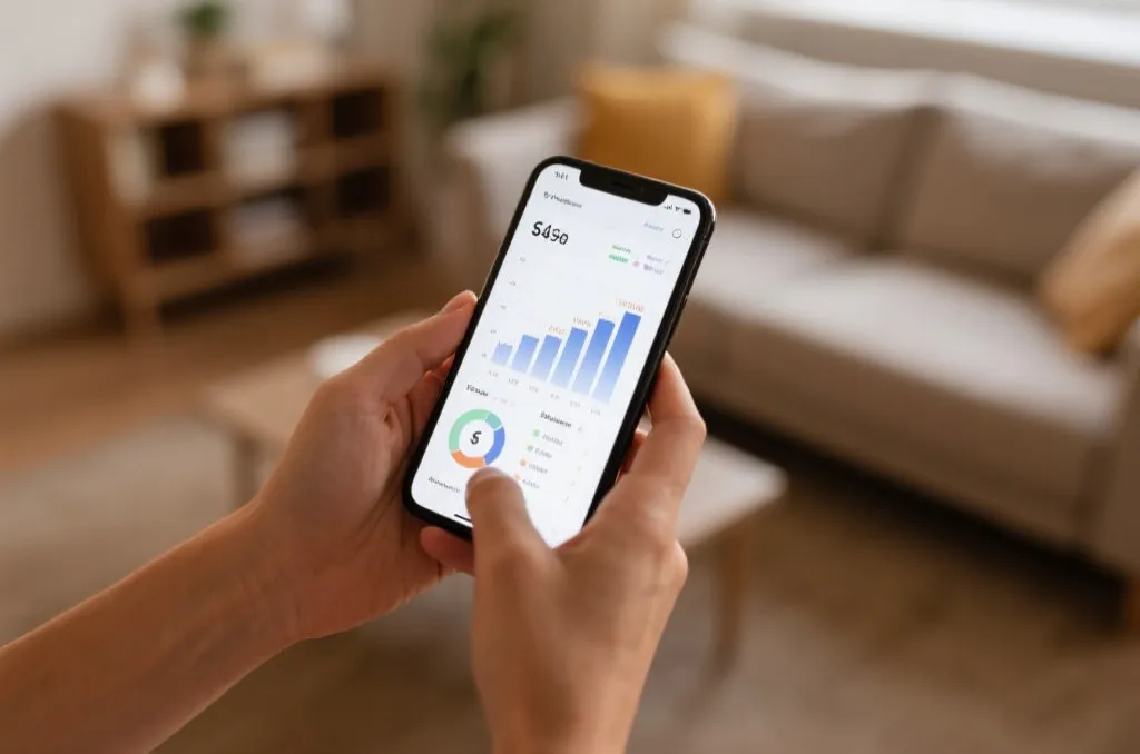 A close-up of hands holding a smartphone displaying clean financial data graphs with a cozy living room background